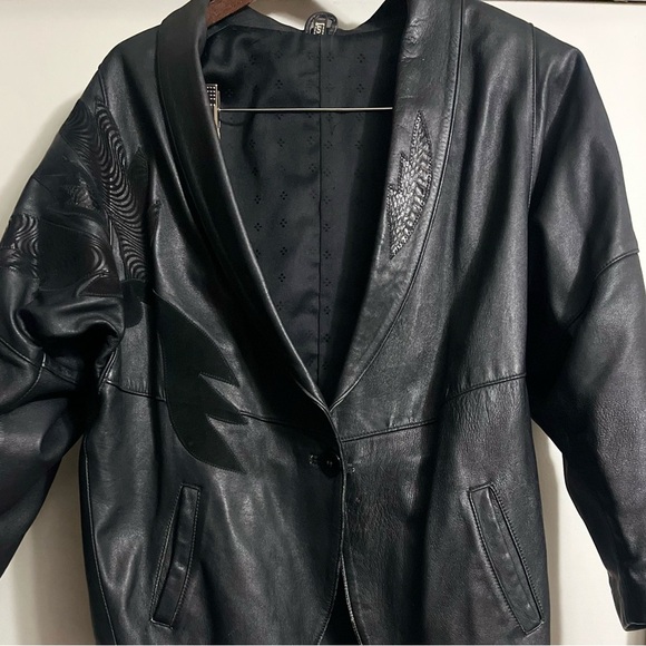 Vintage 80s Snakeskin Batwing Black Leather Jacket Made In Turkey Sz Small Women - Picture 4 of 12